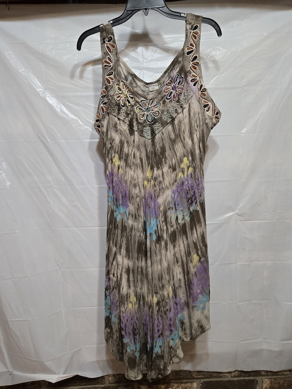 Shoreline Taupe Tie-Dye Midi Dress with Floral Embroidery